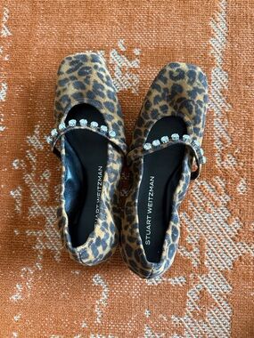 Stuart Weitzman Leopard Print Mary Jane Ballet Flats with Crystal Strap